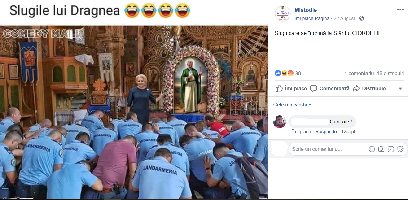 Jandarmi ingenuncheaza in fata unei icoane cu Dragnea