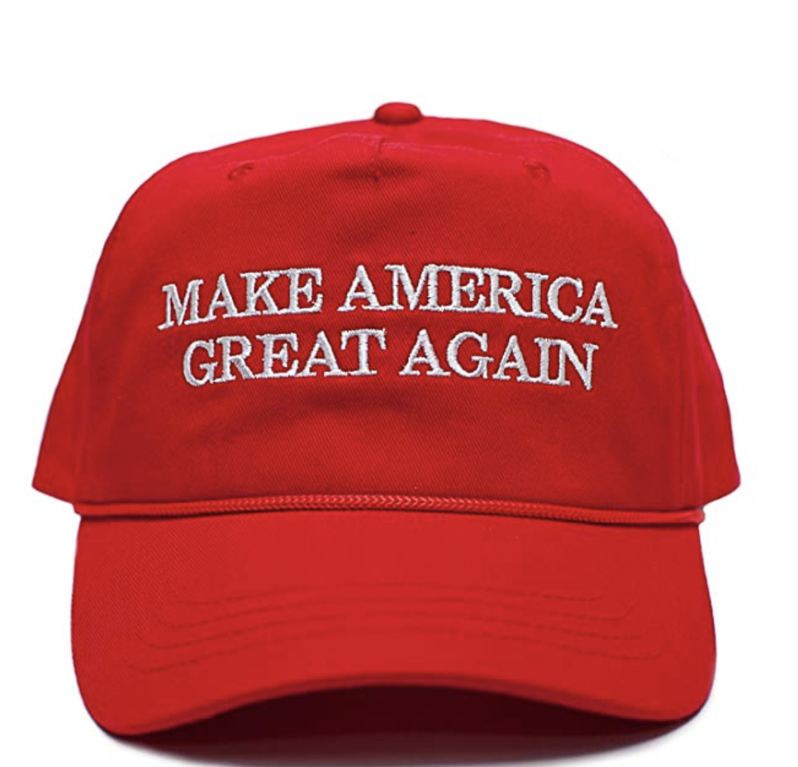 Red baseball cap with white text reading "Make America Great Again", also referred to as MAGA.