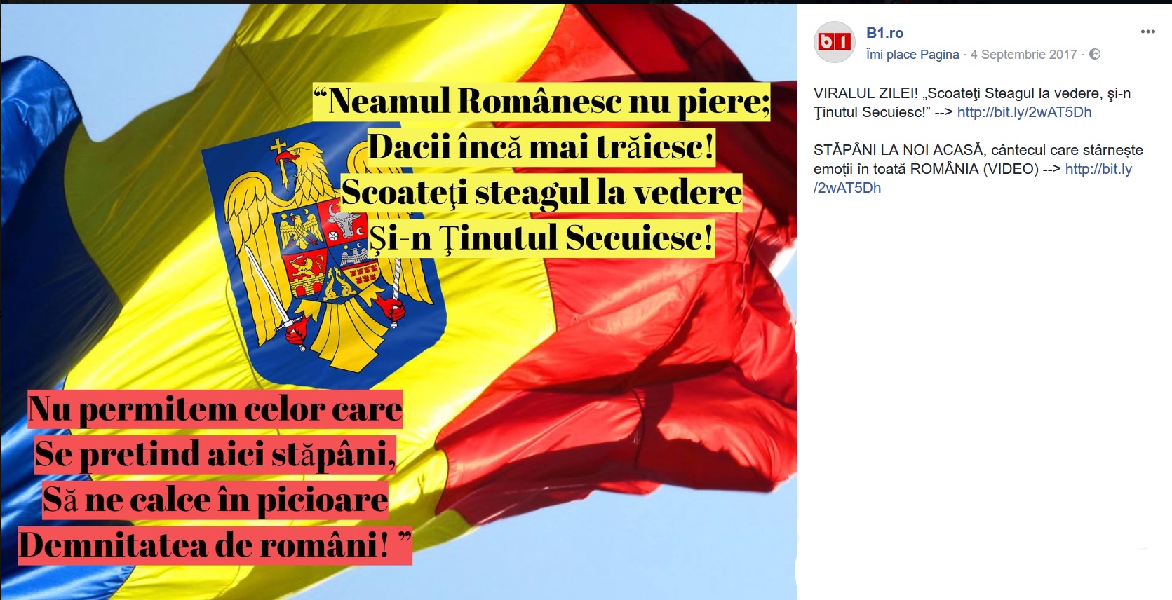B1 promovează cântecul “Stăpâni la noi acasă” și postează o imagine cu steagul României și versuri din cântec.