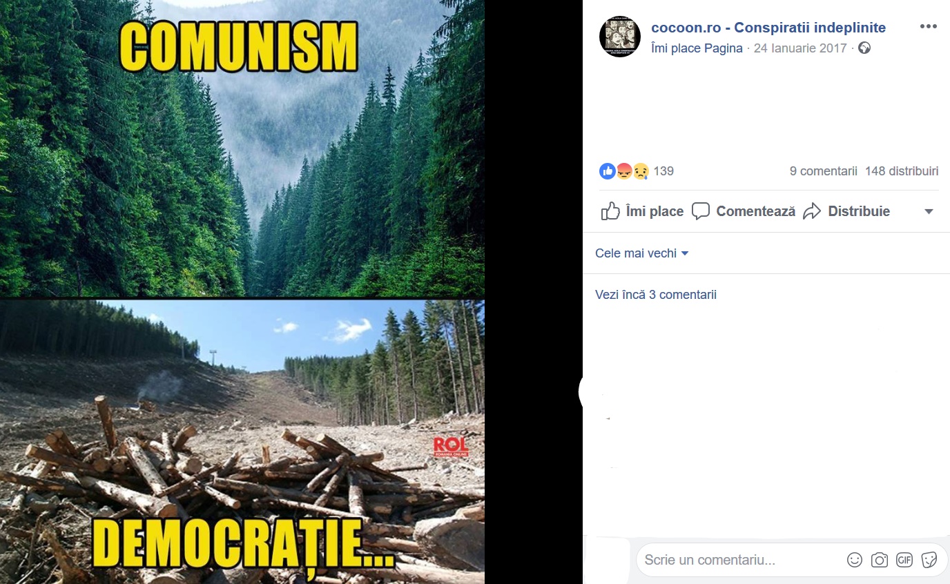 Două imagini alăturate care reprezintă, în viziunea autorului, comunismul (pădurea bogată) și democrația (pădurea defrișată).