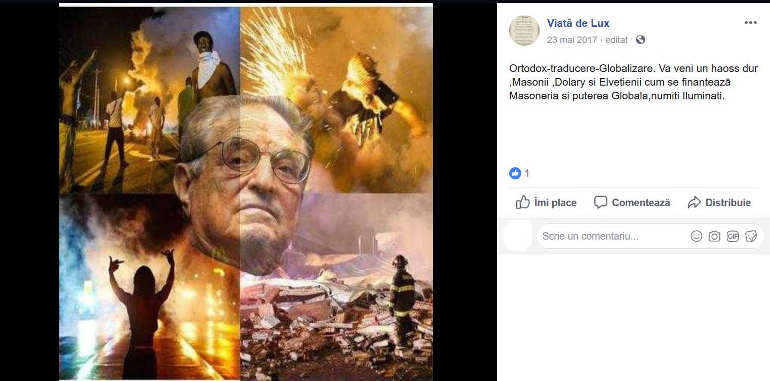 O serie de imagini cu proteste violenta suprapuse cu imaginea lui Soros