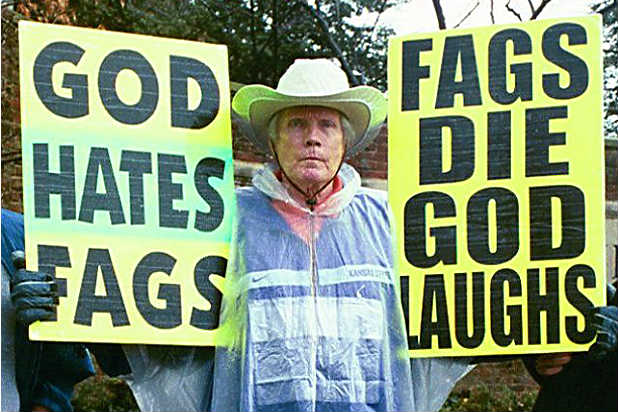 Rev. Fred Phelps Sr. of the Westboro Baptist Church, with the sign "God Hate Fags"
