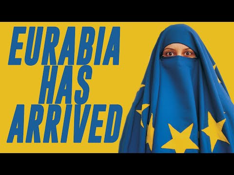 "Eurabia has arrived" image of a woman in European flag Burqa 