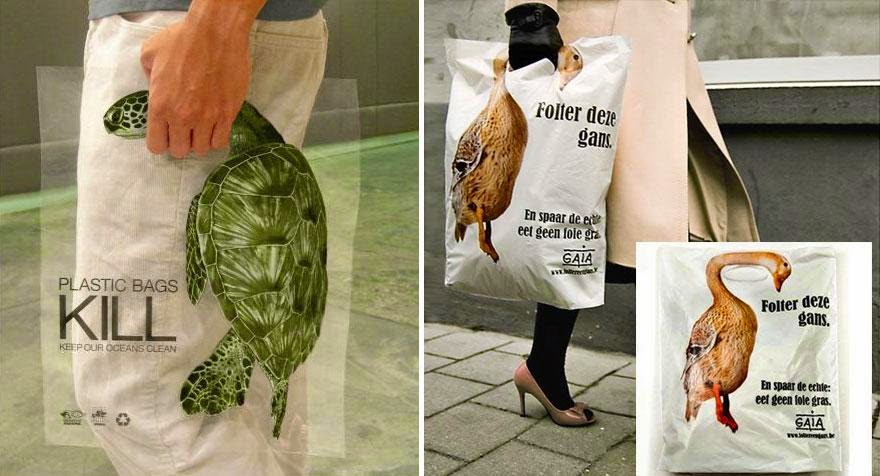 a plastic bag with in image of various animals displayed, the animals are positioned in a way that makes it seem like the person holding the bag is choking the animal.