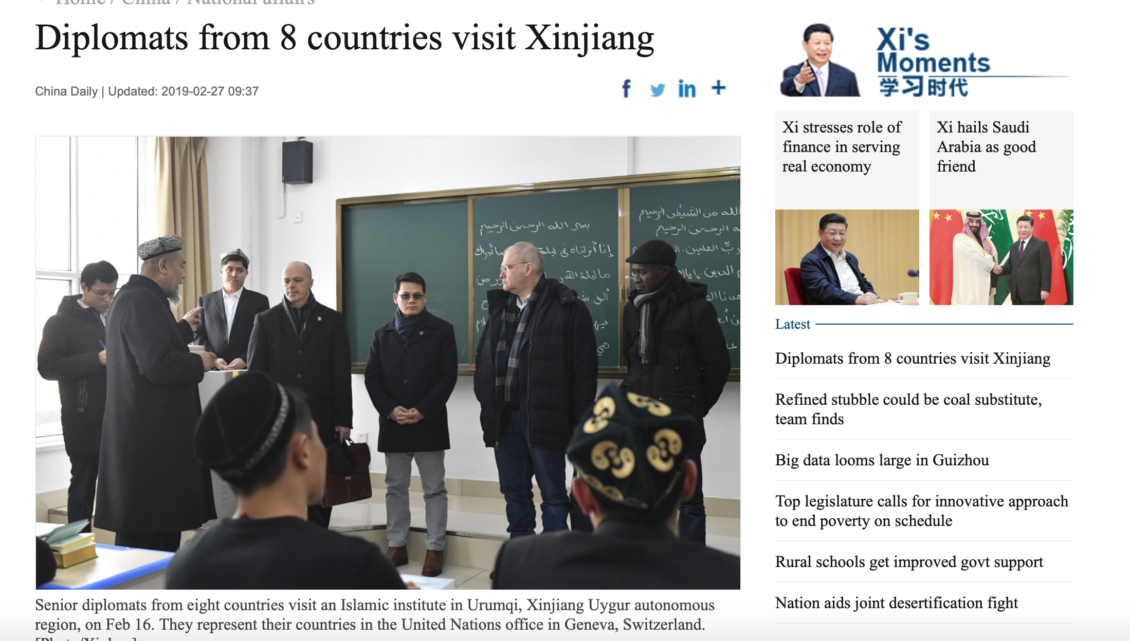 Diplomats from 8 countries visit Xinjiang's re-education camps