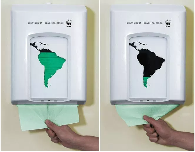 This was produced by the advertising agency Saatchi & Saatchi A/S in 2007 from the WWF company. This is to make people realize that saving the planet starts with them saving paper, we took a standard paper dispenser and made a simple modification with green foil and the silhouette of South America. This allowed us to prove that the survival of the forest is directly connected to what people consume.