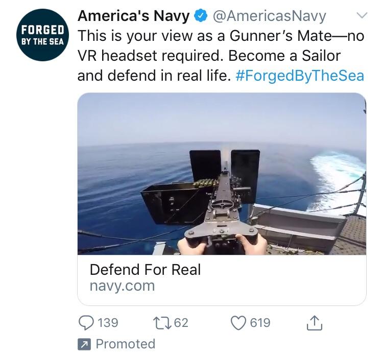 Automatic weapon on Navy ship with caption "no VR headset needed"