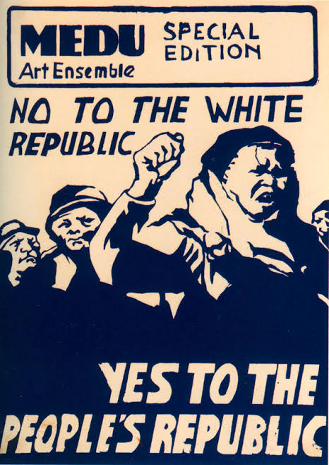 The poster shows a group of people in a march against the white republic. They are advocating, rather, for a people’s republic.