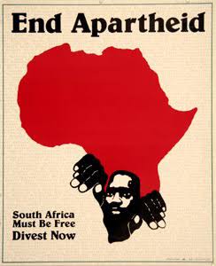 A black man climbing out of a red Africa, captioned “End Apartheid”