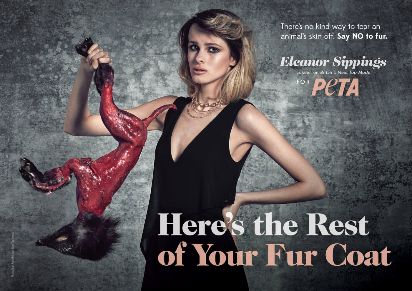 A campaign by PETA to stop the purchasing of fur coats; a model holding a skinned animal.