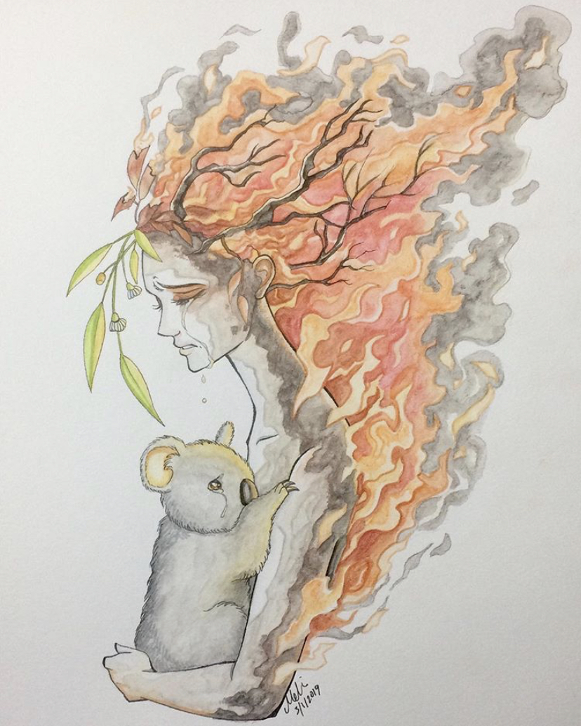 A tree that is burning is made to look like Mother Nature holding a koala to try and protect it.
