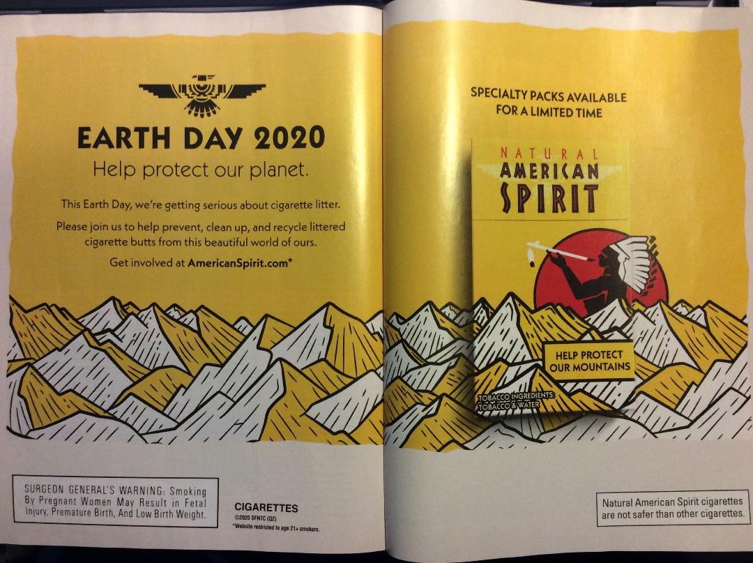 A two page ad spread by American Spirit tobacco celebrating Earth Day 2020.