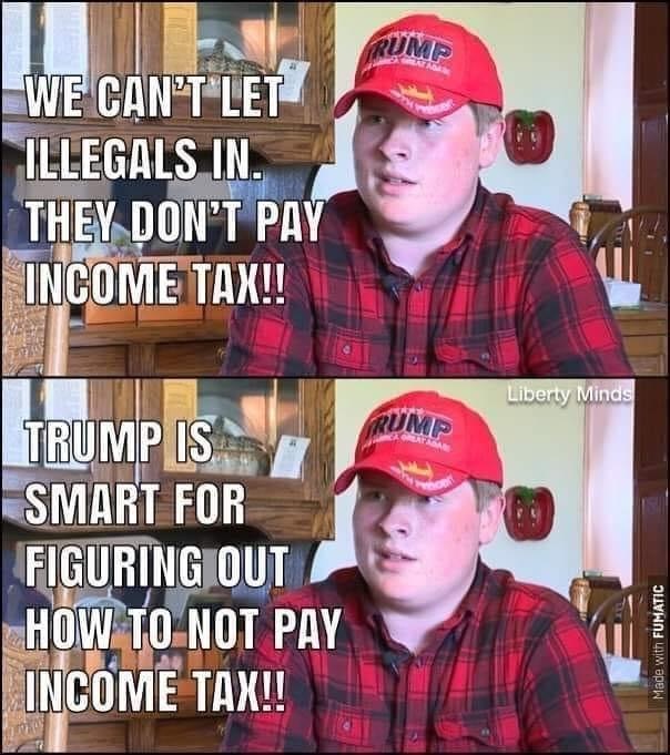 two copies of the same image of man in trump hat and plaid shirt. Text on top: "WE CANT LET THE ILLEGALS IN. THEY DON'T PAY INCOME TAX!!" text on bottom: "TRUMP IS SMART FOR FIGURING OUT HOW TO NOT PAY THE INCOME TAX"
