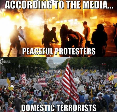 Image comparing the media’s two viewpoints of “peaceful protests” and “domestic terrorists”