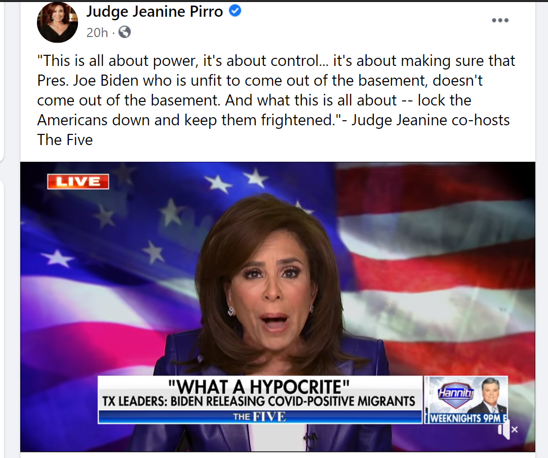 Facebook post by Judge Jeanine Pirro of her co-hosting Fox News' The Five. 