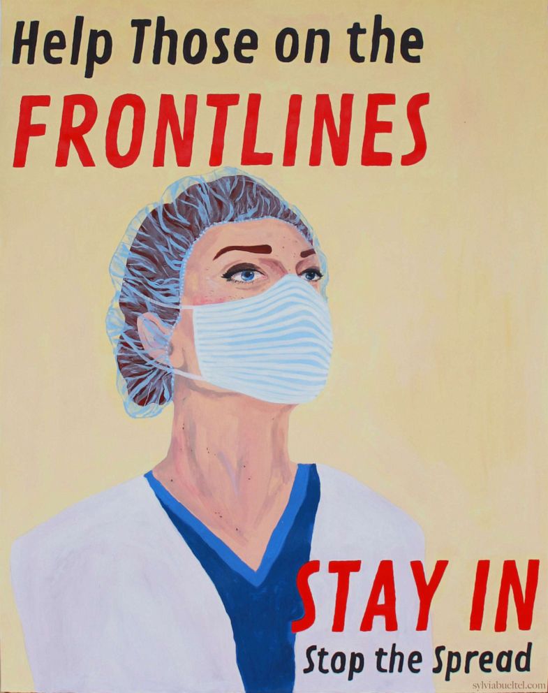 This is an image depicting a female doctor with a mask on. It includes text that says, “Help those on the frontlines, stay in stop the spread”. 