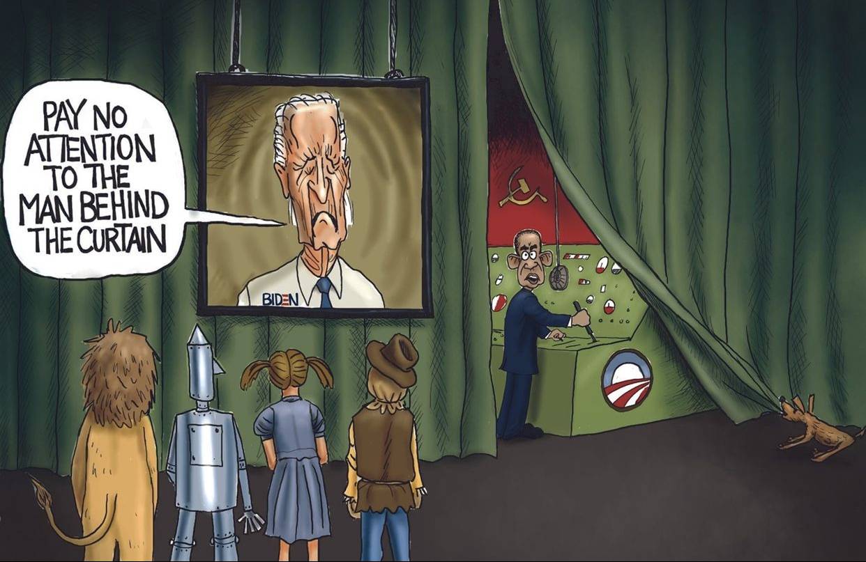 This picture is imitating the Wizard of Oz movie, Dorthy, Lion, Scarecrow, and Tin Man are all standing there staring at the screen where Biden is telling them not to pay attention to the man behind the curtain. The curtain is opened by a dog and you can see Obama standing there pulling levers.
