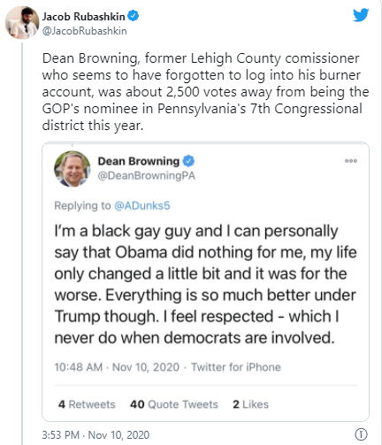 A white republican politician sent out a tweet on his verified twitter stating that he was a black LGBTQ+ republican who was anti-obama, pro-trump