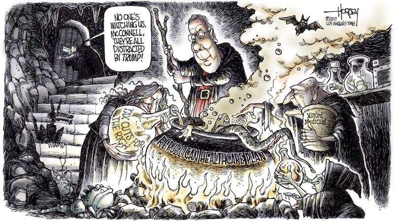 Image that depicts Mitch McConnell as a wizard creating the potion of the Republican health care plan behind America's back.