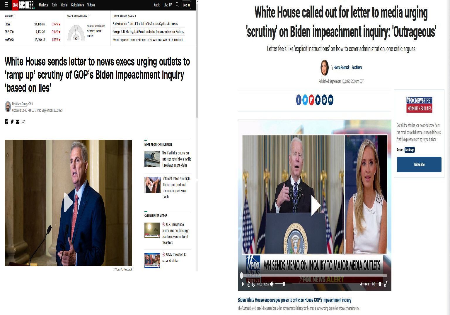 This is a screenshot of the CNN and Fox News articles pertaining to the memo sent from the White House regarding the impeachment inquiry of President Biden