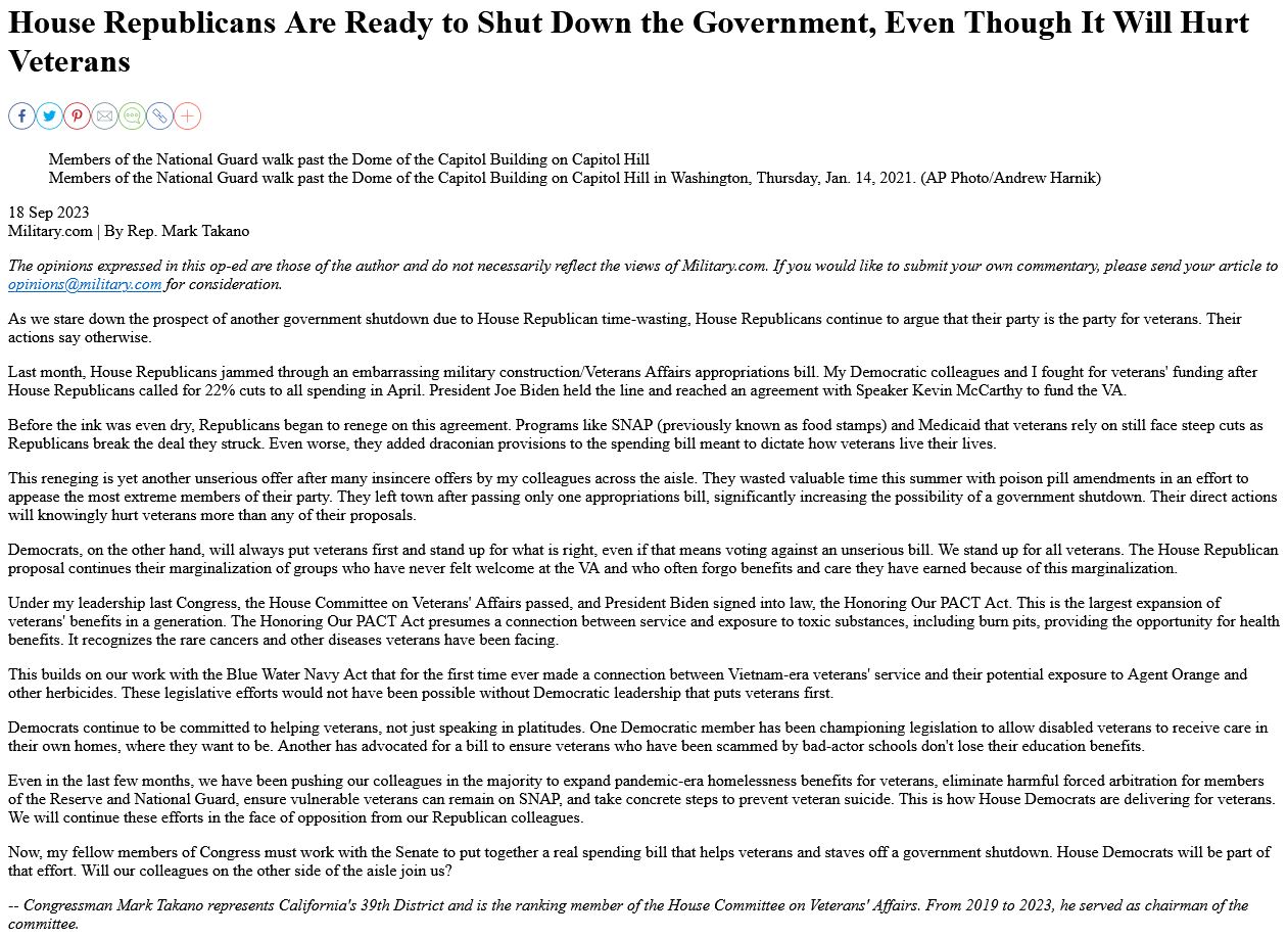 This is the article from military.com from Representative Mark Takano regarding the looming government shutdown.