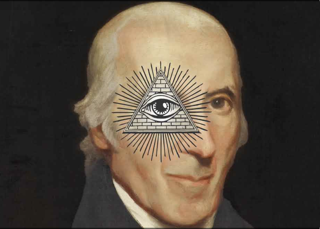 a founding father with an image of a triangle eye , the illuminati.