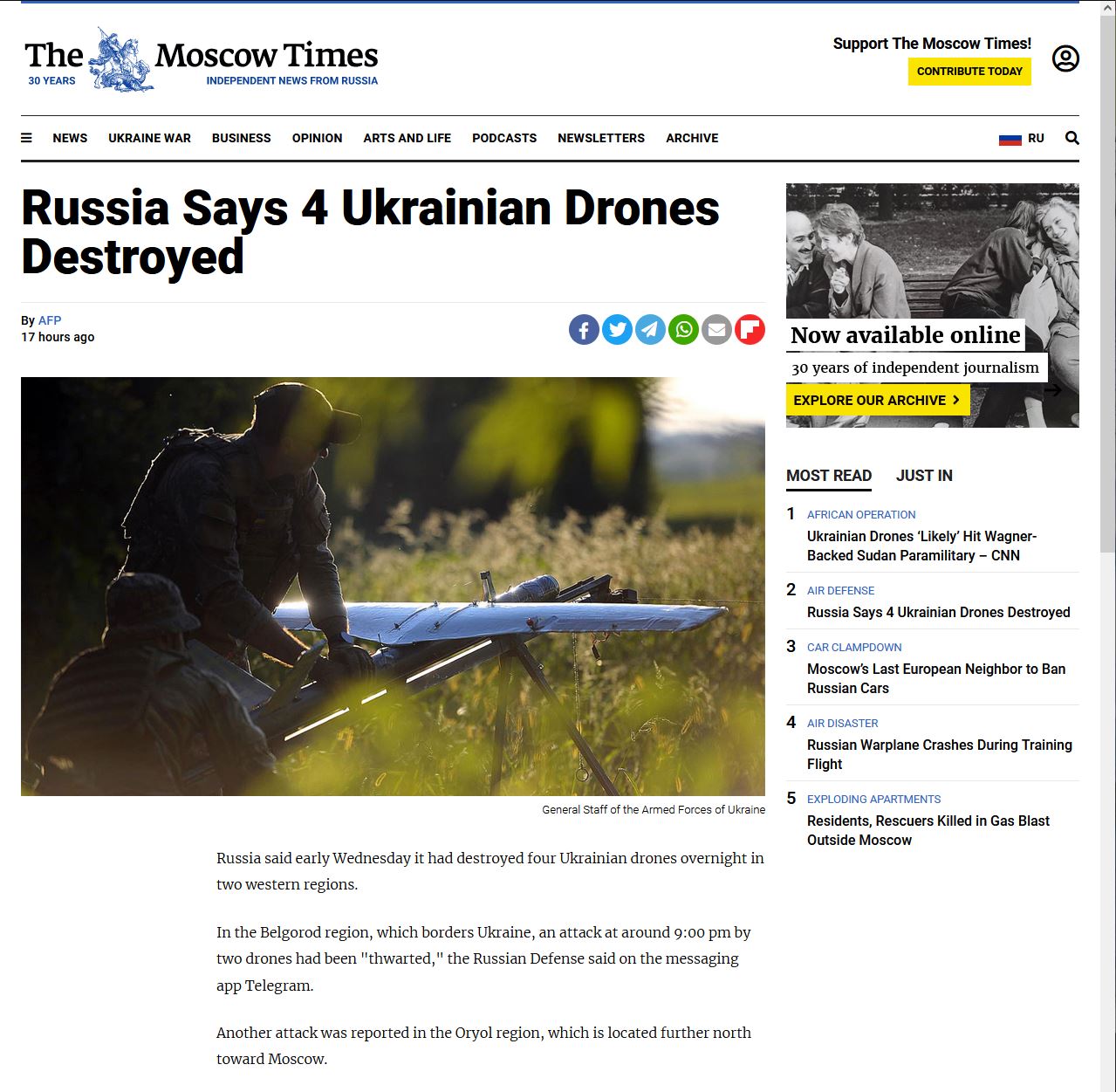 This is an article from the Moscow Times detailing Russian military successes in taking down Ukrainian drones.