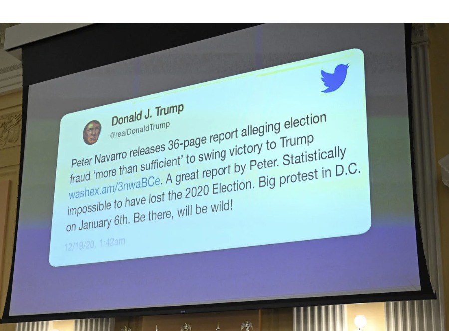 A Tweet by President Trump to his supporters on Jan 6, 2021, displayed in the House Committee 