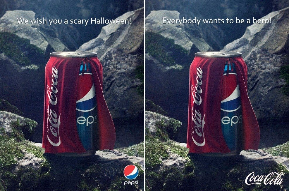 On the left half, Pepsi attacks Coca Cola by describing Coca Cola as scary. On the right hand side Coca Cola fight backs by making Pepsi "want to be a hero"