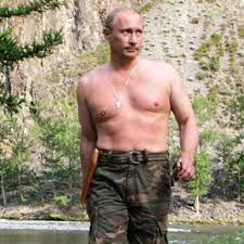 putin being shirtless but muscular with a necklace and military printed pants. 