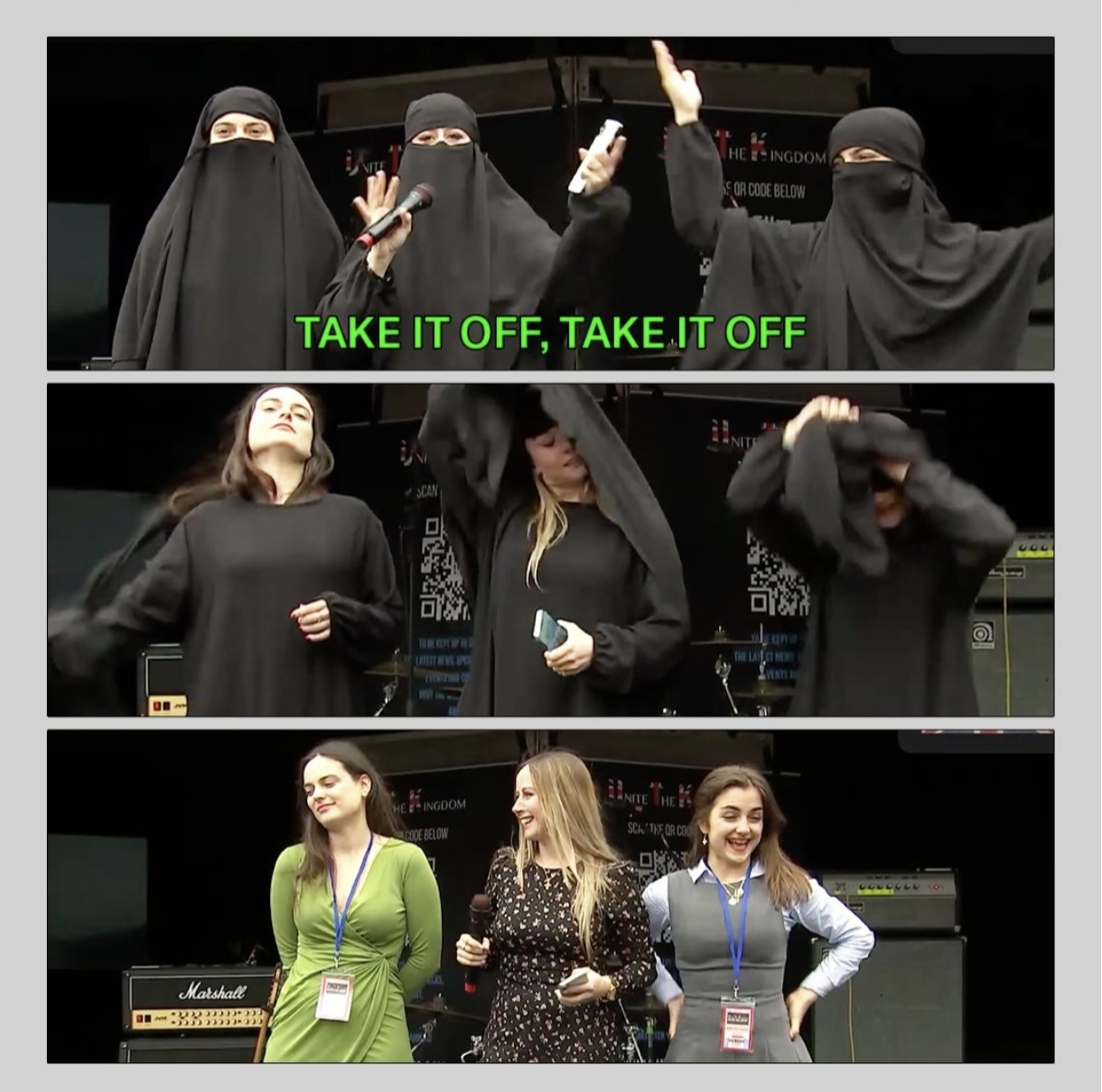 UK far-right group stages anti-immigration protest in London meme about Muslim women wearing hijabs.