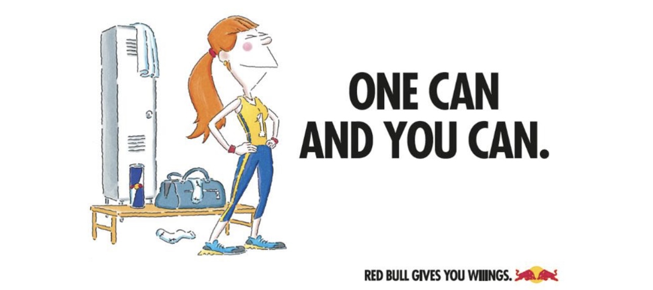 Na slici je prikazana limenka energetskog pića Red Bull uz istaknuti slogan “One can and you can”.
