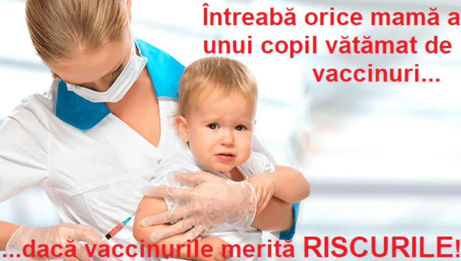 Imagine care susține mișcarea anti-vaccin care prezintă o asistentă făcând o injecție unui copil deranjat de această experiență. Mesajul este 'Întreabă price mamă a unui copil vătămat de vaccinuri dacă vaccinurile merită riscurile'