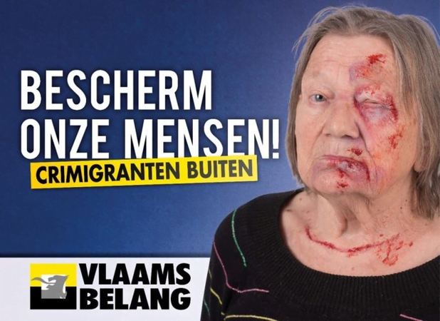 Campagnebeeld met vrouw met blauwe plekken in gezicht. Tekst zegt: "Bescherm onze mensen. Crimigranten buiten!"