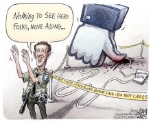 Police line with the Facebook logo with blood on its thumb, with Mark Zuckerberg dressed as an officer saying "Nothing to see here folks, move along..."