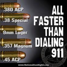 5 bullets lined up down the left side of the page. These bullets are common self defense rounds around the world. The text says "All Faster Than Dialing 911" which is saying that you can defend yourself faster with a handgun than calling 911 for a cop to defend you.