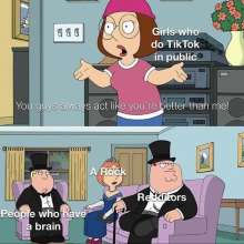 Character who looks mad saying "You guys always act like you're better than me!" to three other characters in fancy clothing who seem unconcerned.