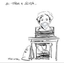 A student sitting at a desk wearing a mask. He’s is seen tied up by rope unable to move from his desk.