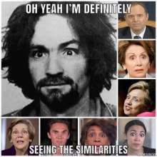 A meme with pictures of Charles Manson (at the center) and DP (liberal) politicians as Nancy Pelosi, Elizabeth Warren, Alexandria Ocasio-Cortez