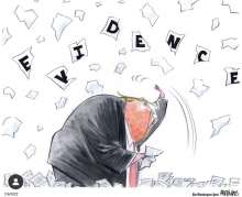 Donald Trump ripping documents into pieces with pieces spelling out the word "evidence" above his head.