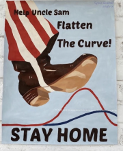 Uncle Sam's boot crushing the image of a graph that represents the curve that Covid-19 cases have causes. 
