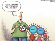 Man wearing a button with the word Vax crossed out exclaims "I reject vaccines out of the love for my children". Standing to the right of the man are 3 chidlren with virus faces, the first virus face reads measles, the second mumps, and the third rubella.