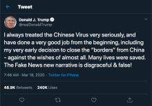 Tweet from Trump when he was president calling covid-19 the china virus