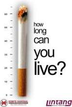 This picture is of a cigarette standing upright with the words on the side of it saying, "how long can you live". On the other side of the cigarette are numbers increasing by 10 going up the cigarette.