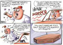 Cartoon of anti-masker not wearing seatbelt and dying because he did not want to do something that is intended to keep him safe like wearing a mask is.