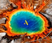 This is an aerial shot of the Yellowstone supervolcano with an airplane flying above it.