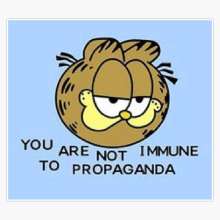 A picture with garfield's face and text under it saying "You Are Not Immune to Propagada" on a light blue background