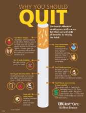 Cigarette being shown with points of why people should quit smoking, with the benefits of quitting smoking.