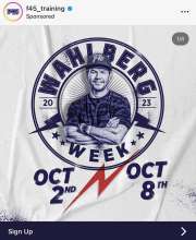 F45 ad featuring Mark Whalberg with the text "Whalberg Week Oct 2-Oct8"