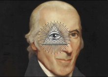 a founding father with an image of a triangle eye , the illuminati. 